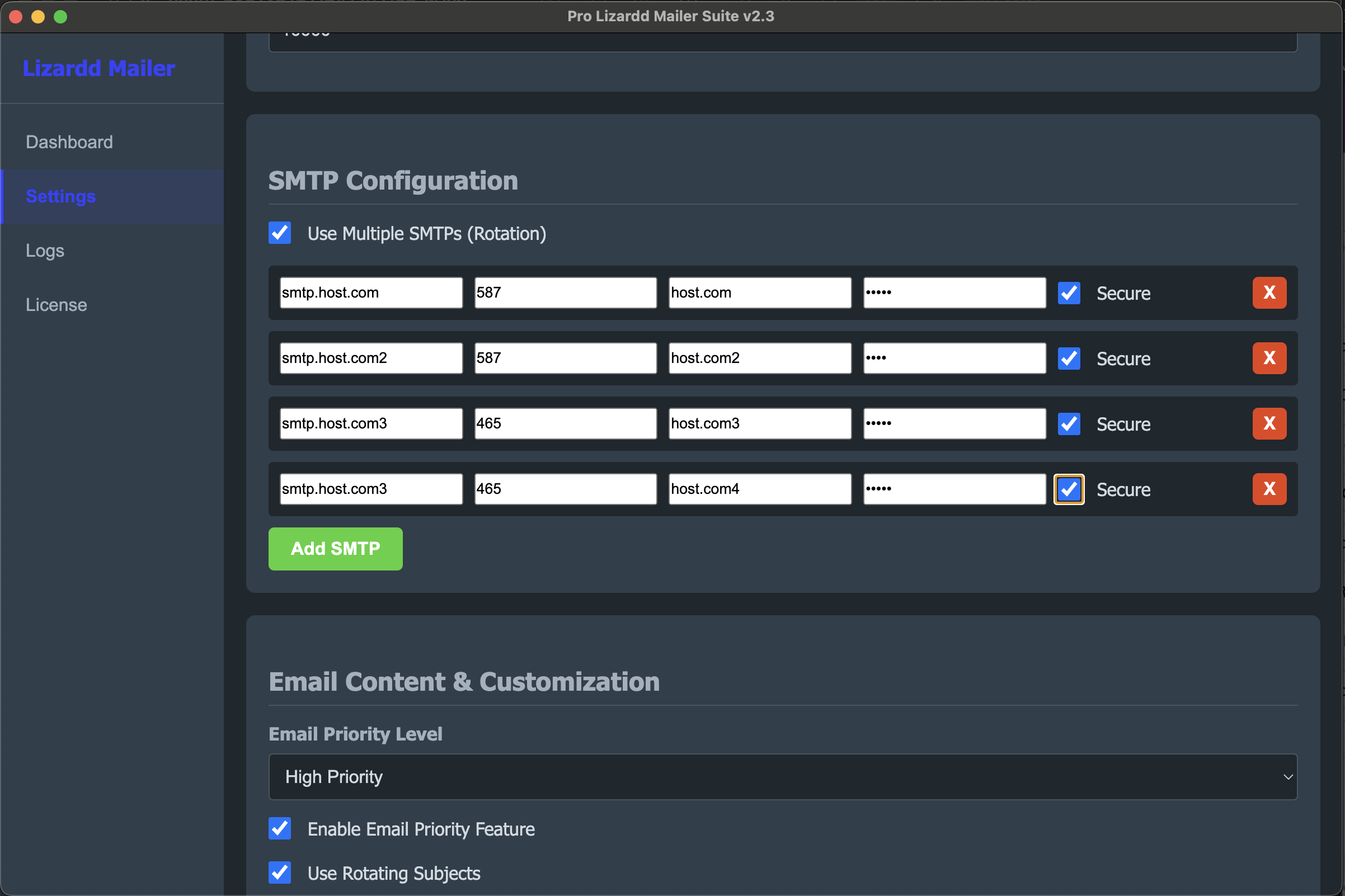 Screenshot of Lizardd Mailer Pro SMTP settings